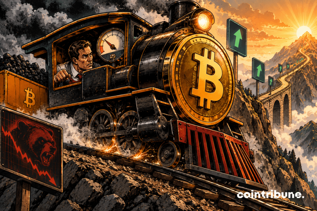 Une énorme locomotive dont l’avant est formé par un Bitcoin doré gravit une voie ferrée fortement ascendante. Elle vient cependant de perdre de la vitesse : les roues tournent difficilement, la vapeur diminue et le conducteur regarde avec inquiétude une jauge mécanique dont l’aiguille redescend.