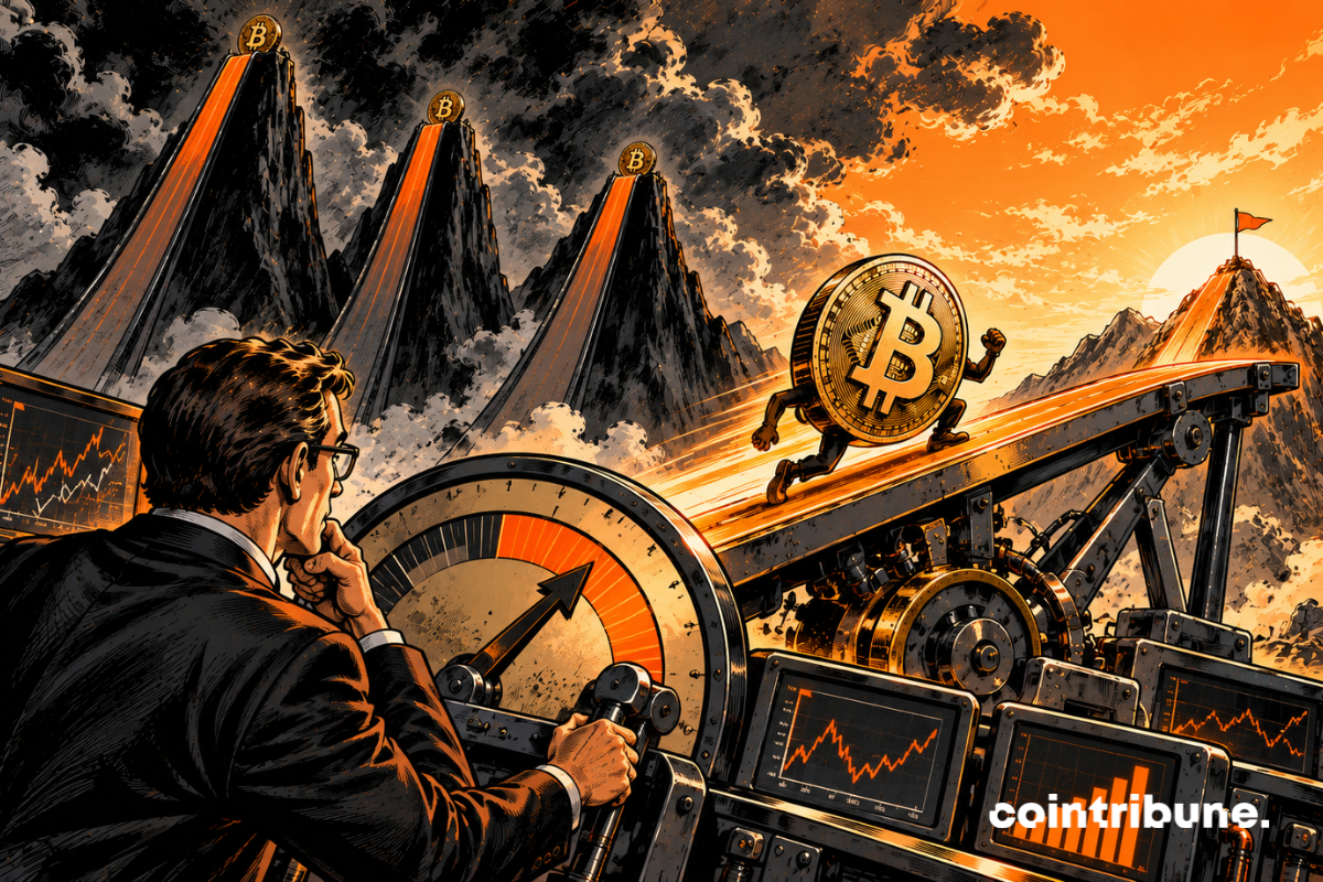 A gigantic Bitcoin coin climbs up an imposing orange metal ramp. At first, the ramp is steeply inclined, but an articulated mechanism gradually reduces its angle. Bitcoin thus continues to ascend, but on a much gentler slope. In the foreground, a quantitative analyst in a suit manipulates a huge mechanical protractor and observes the decreasing incline with a focused expression.