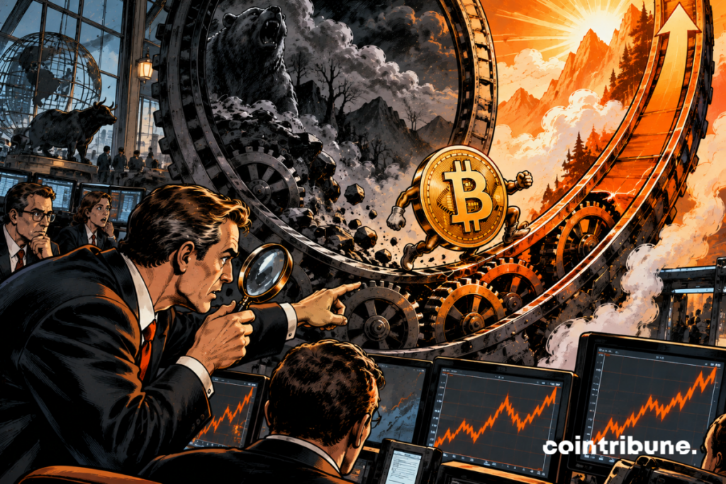 In a huge institutional analysis room, a gigantic cyclic mechanical wheel dominates two-thirds of the image. The lower half of the wheel is dark, worn, and surrounded by black clouds, evoking the previous cycle. The part rising toward the right gradually becomes bright orange. An enormous Bitcoin coin sits precisely at the point where the wheel leaves its lower section. It is only just starting to be carried along the ascending slope. In the foreground, an institutional analyst in a suit observes the mechanism with a magnifying glass and points in astonishment at the phase change.