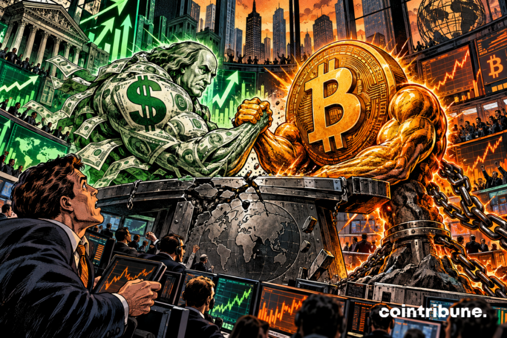A tug-of-war pits the dollar against Bitcoin in a tense crypto trading room.