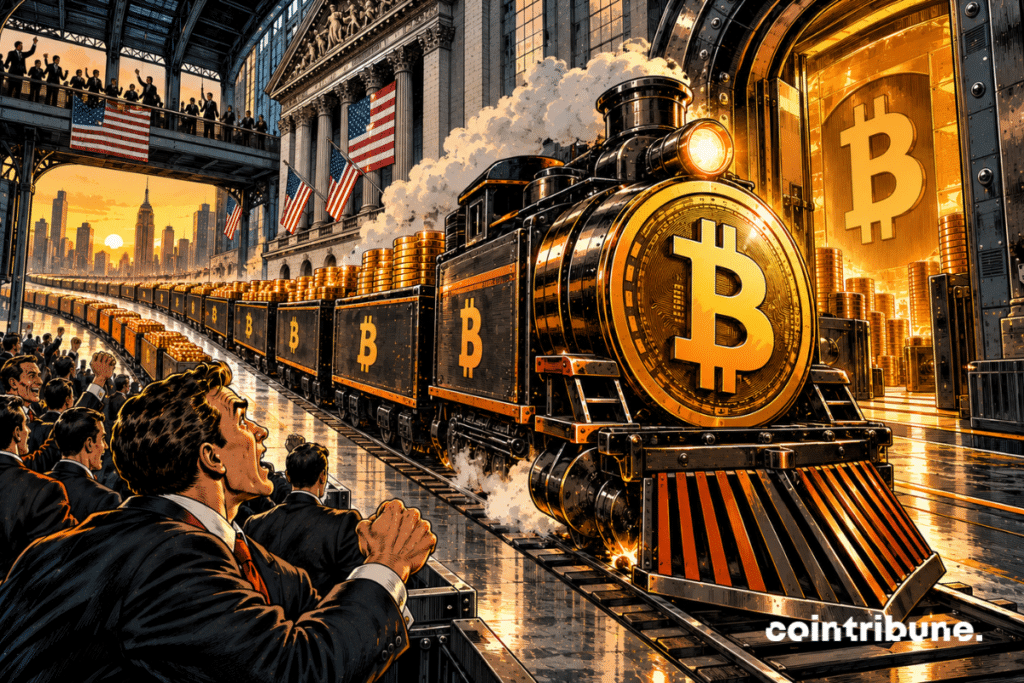 Dans une gigantesque gare financière inspirée de Wall Street, une locomotive blindée Bitcoin arrive vers une immense chambre forte. Derrière elle s’étend une longue succession de wagons remplis de capitaux, disparaissant dans la perspective. Plusieurs autres convois sont visibles plus loin, tous dirigés vers le même terminal Bitcoin. Au premier plan, un trader institutionnel regarde la longueur du convoi avec stupéfaction.