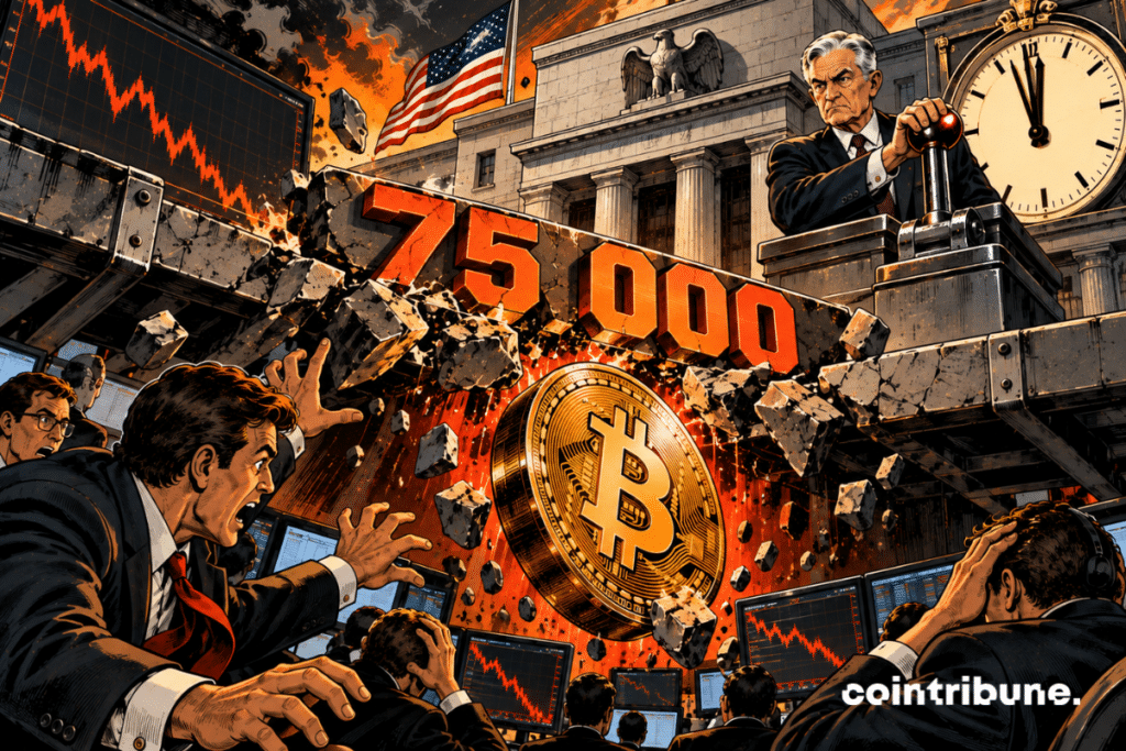 A gigantic Bitcoin coin has just violently smashed through a metallic platform displaying only 75000. The scene is captured at the exact moment of impact: steel plates, bolts, and debris fly in all directions as Bitcoin begins to slip below the level. In the foreground, several traders recoil with panicked expressions. Above, in front of an imposing building inspired by the Federal Reserve, a central banker stands motionless, his hand resting on a huge lever he has not yet pulled.