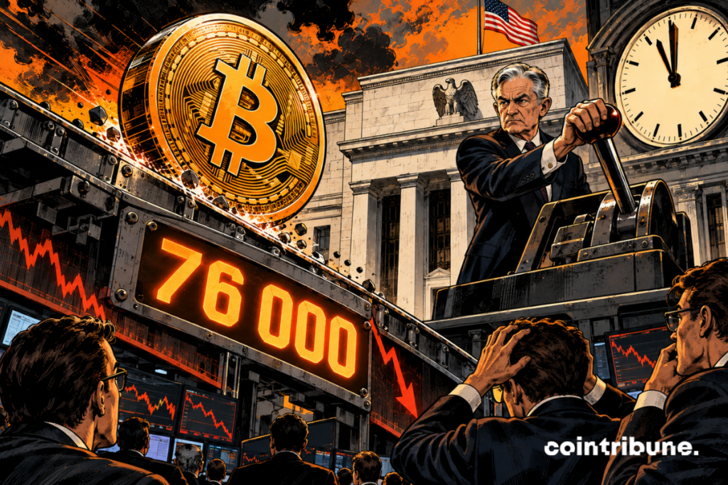 Une gigantesque pièce Bitcoin se trouve sur une plateforme métallique déjà légèrement inclinée vers le bas. Sous elle, un grand cadran lumineux affiche uniquement 76000. Bitcoin commence à glisser, projetant quelques étincelles, mais reste encore loin d’une chute incontrôlée. Au-dessus, devant un imposant bâtiment inspiré de la Réserve fédérale, un banquier central tient la main sur un énorme levier mécanique relié à la plateforme. S’il pousse davantage le levier, toute la plateforme semble pouvoir s’incliner brutalement. Sa main est toutefois capturée avant la décision.
