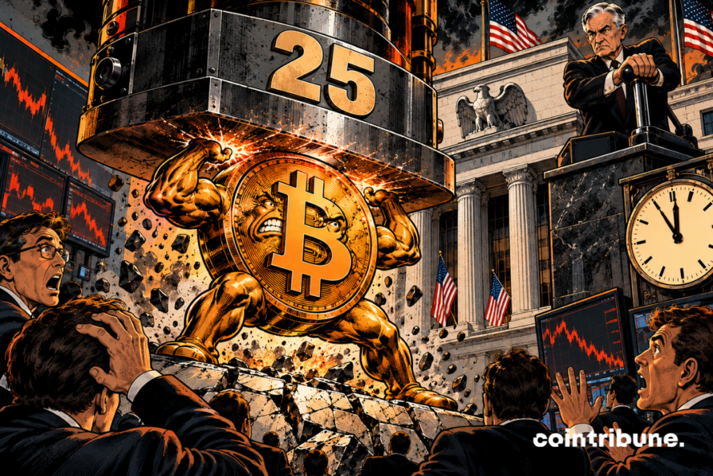 An enormous personified Bitcoin coin, massive and metallic, stands upright on a financial platform. It occupies nearly two-thirds of the image. Descending above it is a gigantic industrial press controlled by a central bank official in front of a neoclassical American building. On the press mechanism, only 25 is displayed. The press has just made contact with Bitcoin. The metal grinds, the ground cracks, and Bitcoin is slightly compressed, but it refuses to give way. Several traders in the foreground were clearly expecting a drop and look on in astonishment.