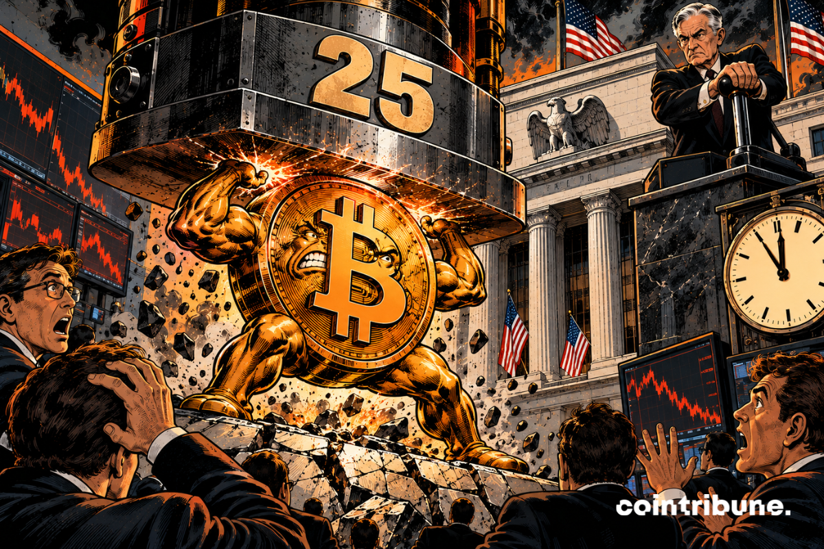 Une énorme pièce Bitcoin personnifiée, massive et métallique, se tient debout sur une plateforme financière. Elle occupe presque les deux tiers de l’image. Au-dessus d’elle descend une gigantesque presse industrielle contrôlée par un responsable de banque centrale devant un bâtiment néoclassique américain. Sur le mécanisme de la presse apparaît uniquement 25. La presse vient d’entrer en contact avec Bitcoin. Le métal grince, le sol se fissure et Bitcoin est légèrement comprimé, mais il refuse de céder. Plusieurs traders au premier plan s’attendaient manifestement à une chute et regardent la scène avec stupéfaction.