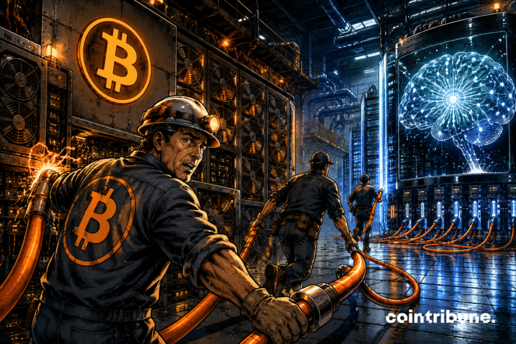 In a gigantic industrial data center, several technicians are removing huge orange cables from a monumental Bitcoin machine to reconnect them to a futuristic artificial brain. In the foreground, a miner holds an extremely thick cable in his hands, with a hesitant and tense expression. Behind him, two other technicians are already running toward the AI infrastructure with their cables.