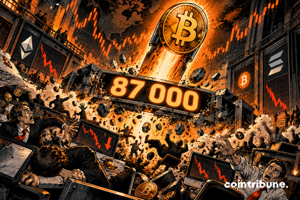 Un gigantesque Bitcoin personnifié jaillit verticalement à travers une plateforme métallique portant uniquement 87000. Bitcoin occupe environ les deux tiers de la partie supérieure de l’image. Son mouvement produit une énorme onde de choc orange qui traverse toute la salle de marché. En contrebas, une plateforme remplie de traders et de mécanismes de levier est frappée par l’onde. Des engrenages éclatent, des chaînes cassent et d’immenses piles de capitaux sont projetées dans le vide. Plusieurs traders qui pariaient sur une baisse regardent Bitcoin avec des expressions de panique tandis que leurs machines sont automatiquement écrasées par de gigantesques mâchoires mécaniques.