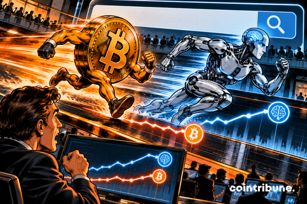 A gigantic digital track runs through an environment resembling a futuristic search engine. On the right, a humanoid robot symbolizing AI is running in the lead, with a glowing electronic brain and visible circuits. Just behind it, a personified Bitcoin comes surging back at full speed. It is slightly behind, but its acceleration is clearly superior and the gap between the two is becoming very narrow. Under their feet, two large abstract glowing curves follow their trajectories: the AI one was far ahead, while the Bitcoin one ascends sharply to close in. In the foreground, an internet user in front of a computer watches Bitcoin's comeback with a surprised expression.