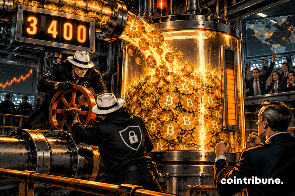 In a gigantic digital vault, the massive Bitcoin tank that was previously emptied is now beginning to fill up at full speed. Two specialists dressed in black with white hats turn a huge valve in the opposite direction. A spectacular torrent of Bitcoin coins surges from an armored pipe and flows back into the tank. On a mechanical counter, only 3400 is displayed. In the foreground, a reserve manager watches the return of the funds with an expression of relief and disbelief.