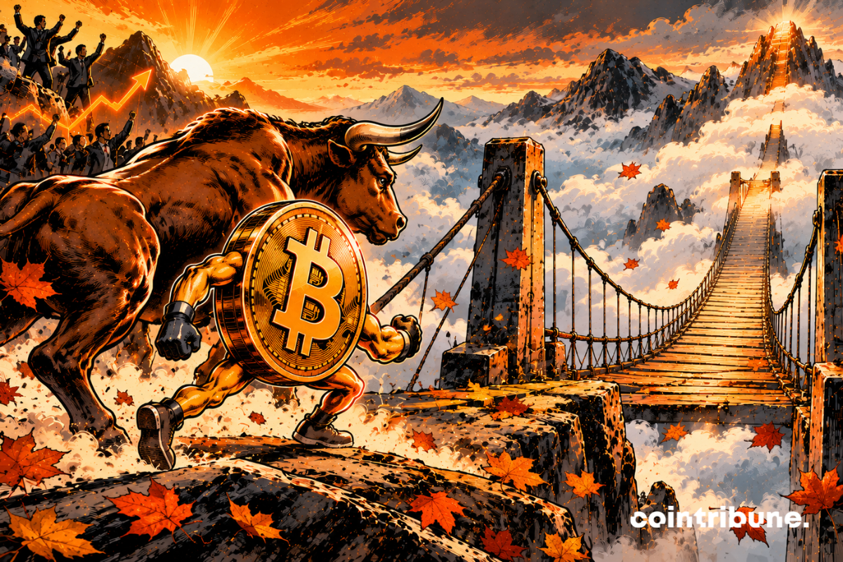 Un gigantesque taureau lancé au galop monte une route financière avec une imposante pièce Bitcoin à ses côtés. Ils viennent de parcourir une longue rampe ascendante baignée de lumière orange. Derrière eux, traders et investisseurs célèbrent encore la progression. Mais devant eux commence un immense pont suspendu menant vers une nouvelle montagne plus élevée. À l’entrée du pont flotte une grande page de calendrier entièrement graphique, sans lettre ni chiffre, tandis que des feuilles automnales orange sont emportées par le vent. Le taureau ralentit légèrement et plante un sabot dans le sol. Bitcoin reste orienté vers l’avant, comme prêt à continuer.