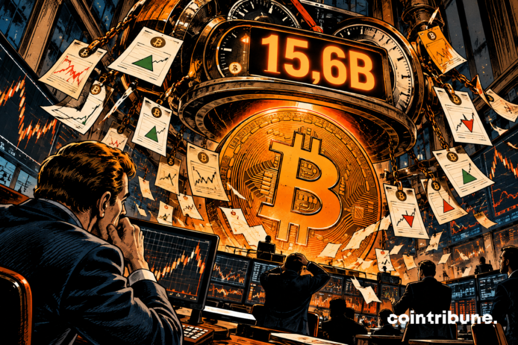 A giant Bitcoin dominates a crypto trading floor beneath a counter showing 15.6B, surrounded by options contracts.