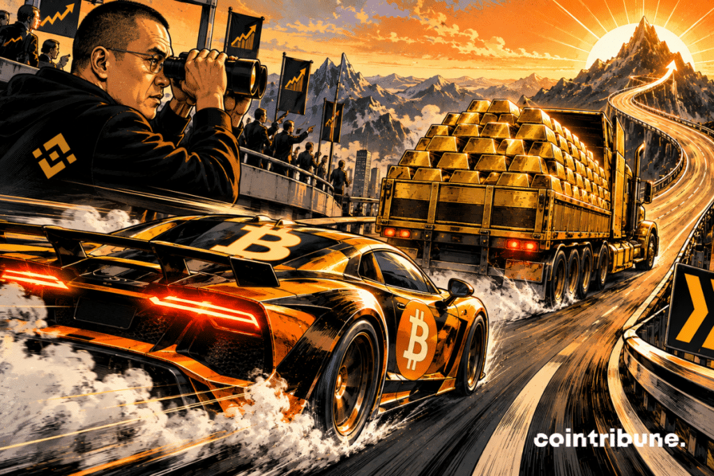 On an ascending financial highway, a massive Bitcoin race car accelerates abruptly behind a gigantic armored truck loaded with gold bullion. The golden truck is still slightly ahead, but Bitcoin is closing in at a spectacular speed and is almost pulling its hood alongside it. In the foreground, CZ observes the race from a platform through binoculars, with a confident and focused expression.