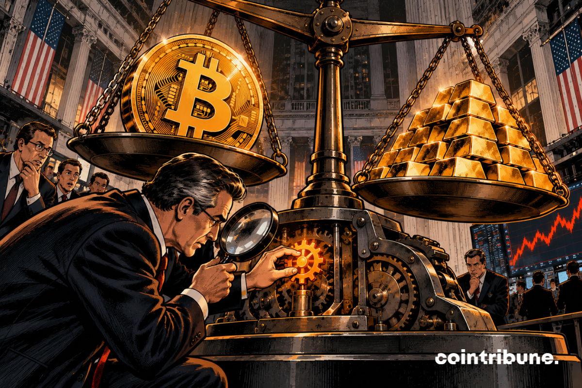 Au cœur de Wall Street, une gigantesque balance industrielle occupe environ les deux tiers de l’image. Sur le plateau gauche repose un énorme Bitcoin doré. Sur le plateau droit, une montagne spectaculaire de lingots d’or. Les deux côtés sont presque parfaitement équilibrés. Au premier plan, un analyste institutionnel en costume sombre examine le mécanisme central avec une loupe. Son expression change brusquement : il vient de découvrir un petit engrenage orange lumineux caché dans le système. Il tend la main vers cet engrenage. Au même instant, la balance commence très légèrement à s’incliner du côté de Bitcoin, suffisamment pour suggérer un changement, mais pas une victoire acquise.