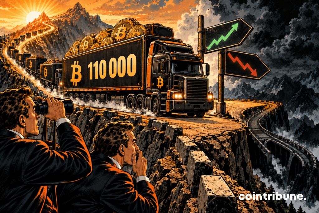 After climbing a spectacular mountain road, a gigantic convoy of armored trucks filled with Bitcoin arrives on a plateau. The lead truck has just stopped a few meters from a steep, dark downhill road. On its side, only 110000 is displayed. In the foreground, a trader observes the convoy through binoculars, his face suddenly anxious. Another investor looks down the descending road in horror.