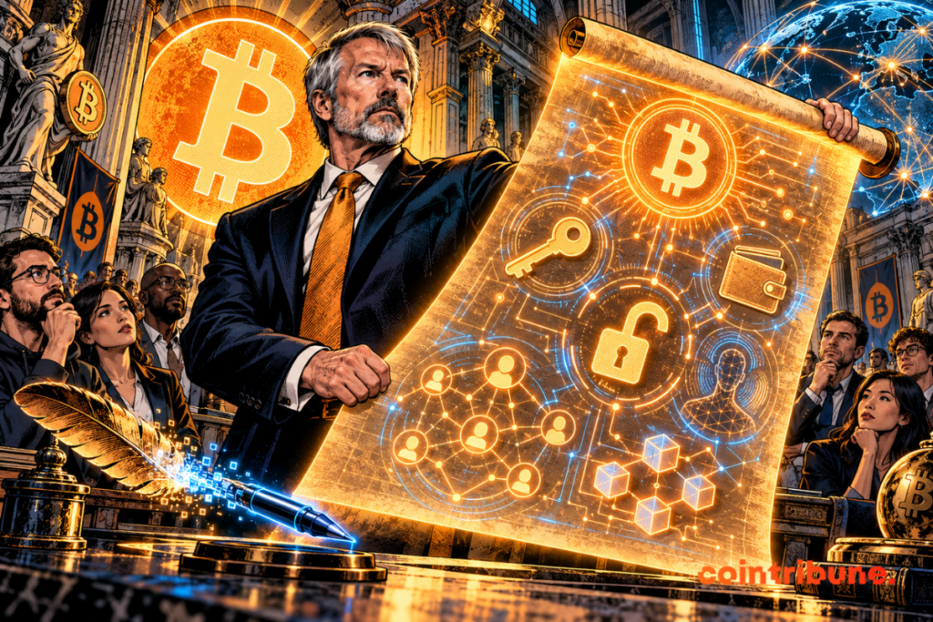 Michael Saylor présente un parchemin numérique entouré de symboles Bitcoin, wallet et clés crypto.