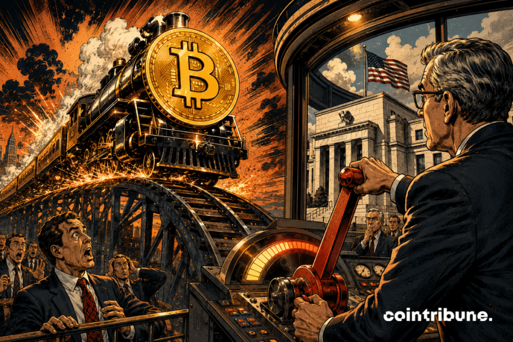 A gigantic train speeding forward climbs steeply inclined tracks. Its locomotive takes the shape of a massive glowing Bitcoin. In the foreground, inside an American institutional control tower, a monetary official nervously grips a huge red-orange brake lever, but has not yet fully pulled it down.