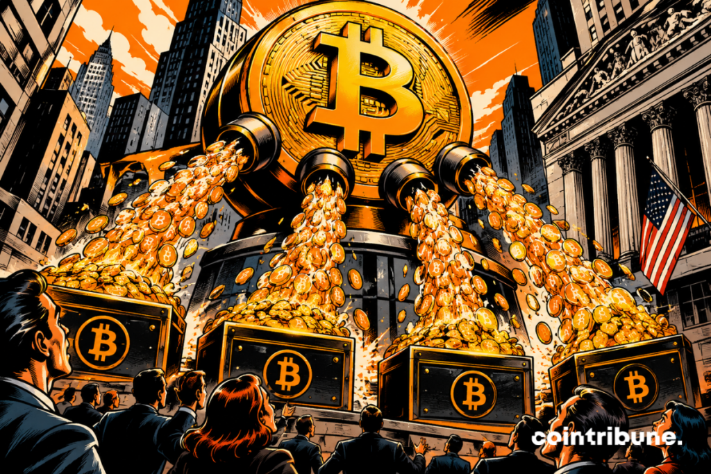 Comic book-style illustration of Bitcoin pouring coins in front of American financial buildings.