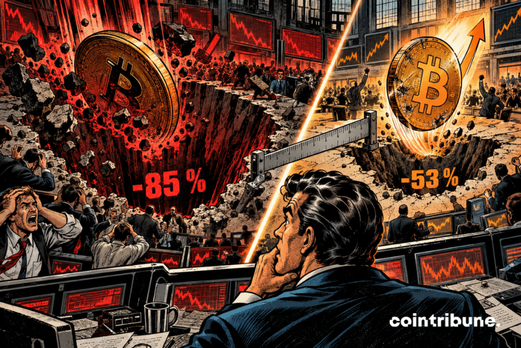 Two Bitcoin crashes compare corrections of -85% and -53% in a trading room.
