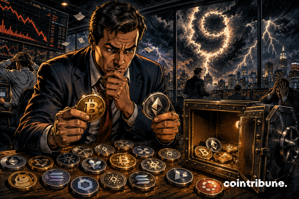 Dans une salle de marché, un investisseur au premier plan se tient devant une grande table couverte de différents jetons crypto comme le Bitcoin, Ethereum et Solana. Il doit rapidement en placer quelques-uns dans un coffre blindé avant l’arrivée d’une tempête visible derrière les grandes fenêtres. Dans le ciel sombre apparaît un gigantesque 9 formé par les nuages. Le personnage tient deux jetons dans ses mains et hésite, expression extrêmement concentrée.