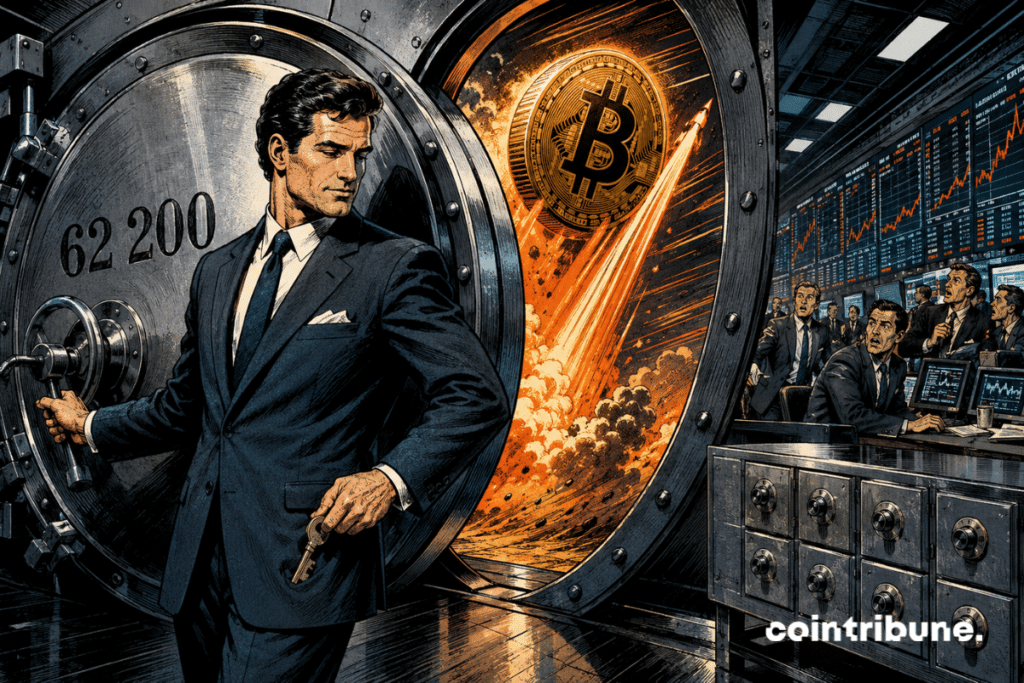 Un dirigeant ferme un coffre marqué 62 200 tandis qu’un Bitcoin poursuit son envol.