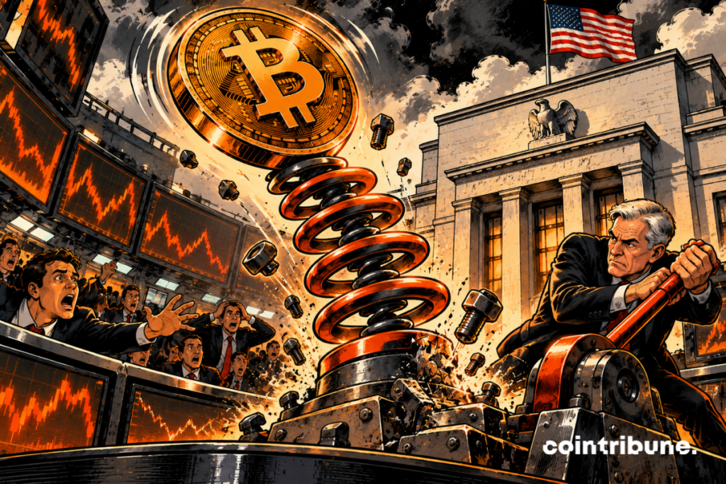 Une gigantesque pièce Bitcoin vient d’être propulsée vers le haut par un énorme ressort métallique orange installé au centre d’une salle financière. Bitcoin occupe la partie supérieure centrale et semble encore monter, mais sa trajectoire commence à pencher dangereusement sur le côté. À droite, un responsable de banque centrale américaine en costume actionne un grand levier mécanique relié au socle du ressort. Le levier fait pivoter brutalement la base : le ressort se tord, plusieurs boulons sautent et Bitcoin perd son équilibre en plein rebond.