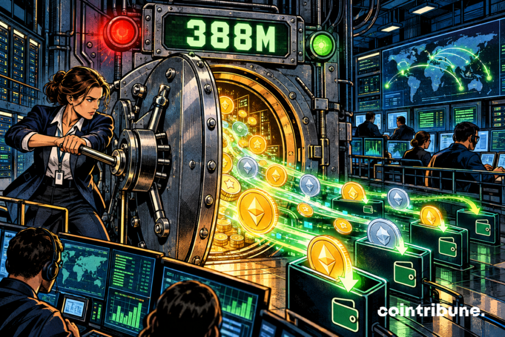 Un coffre crypto se rouvre sous un compteur affichant 388M tandis que les retraits repartent vers les wallets bitget