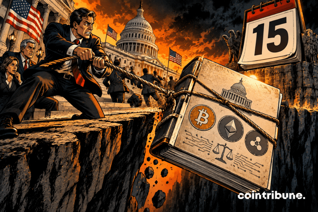 In front of the U.S. Capitol, a huge legislative file with no text on it (CLARITY Act), bearing only visual symbols of blockchain and cryptos, hangs over a deep chasm by a rope. A U.S. lawmaker in the foreground tries desperately to hold onto the rope while a second one looks at a gigantic clock-calendar displaying only 15. The file occupies about two-thirds of the image and swings dangerously over the void.