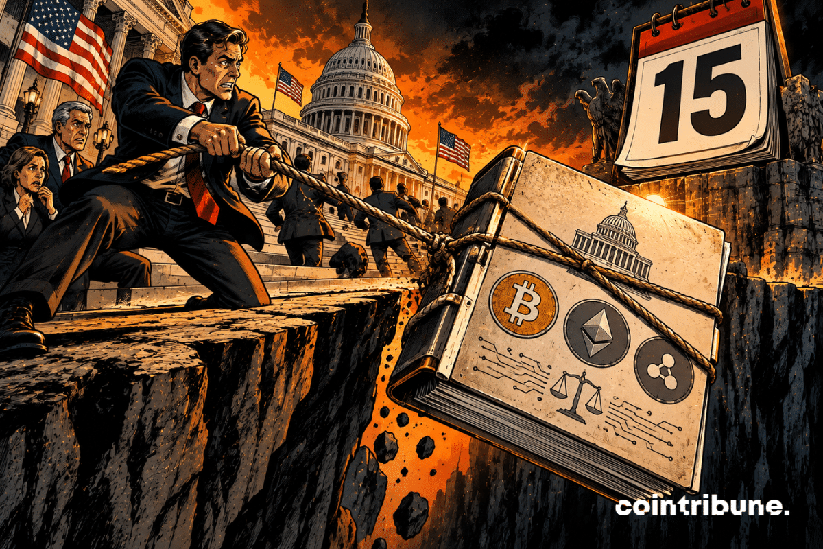 Devant le Capitole américain, un énorme dossier législatif sans aucune inscription (CLARITY Act), portant seulement des symboles visuels de blockchain et de cryptos, est suspendu au-dessus d’un profond gouffre par une corde. Un élu américain au premier plan tente désespérément de retenir la corde tandis qu’un second regarde une gigantesque horloge-calendrier affichant uniquement 15. Le dossier occupe environ deux tiers de l’image et oscille dangereusement au-dessus du vide.