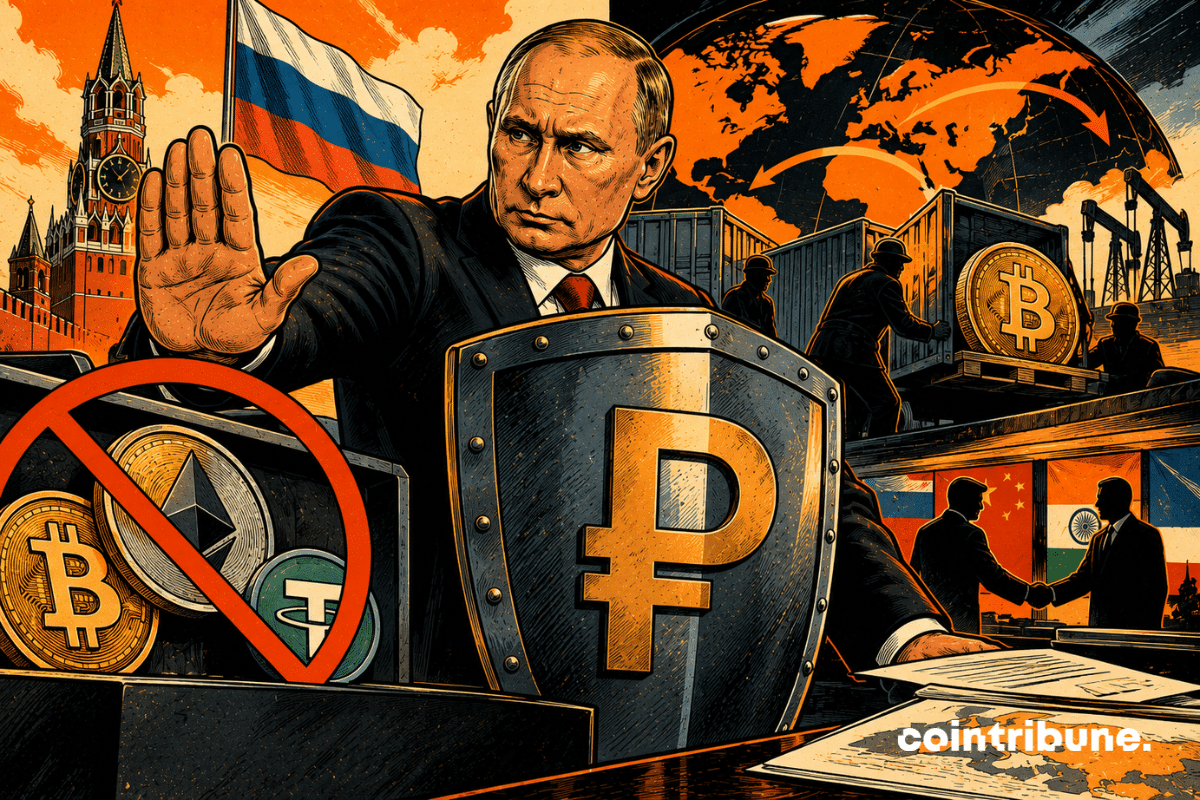 Vladimir Poutine protège un rouble derrière un bouclier, entouré de cryptomonnaies, Kremlin, drapeau russe, conteneurs, pétrole et échanges internationaux symbolisés.