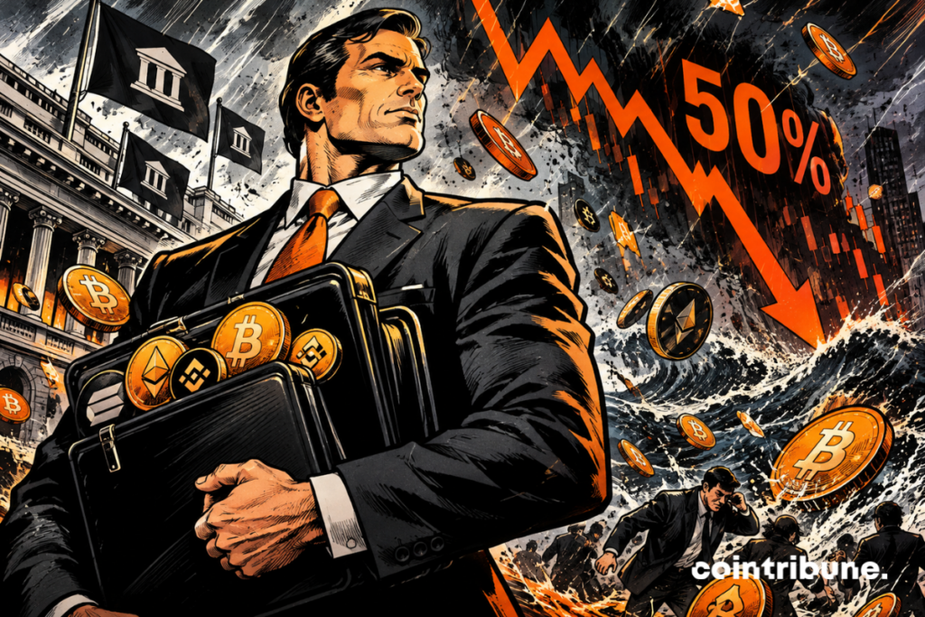 Un inversor institucional sostiene un maletín lleno de Bitcoin y otras criptomonedas ante una caída del 50 % del mercado.