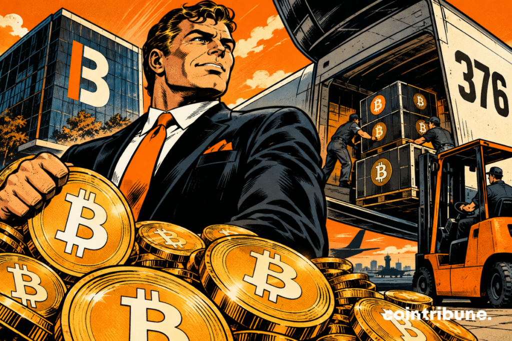Illustration de Capital B renforçant sa trésorerie avec l’acquisition de 376 bitcoin, représentée par des pièces BTC et un camion de livraison.