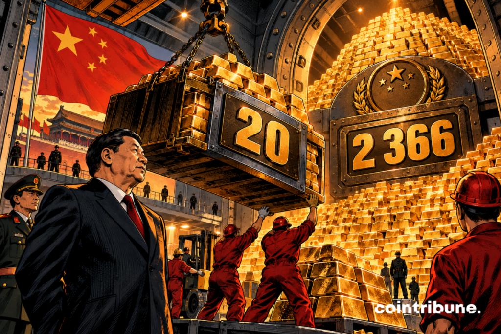 Inside a gigantic Chinese underground reserve, a monumental mountain of gold ingots occupies roughly two-thirds of the image. At the center of this mass, an enormous mechanical dial displays only 2366. An industrial crane arrives from the left carrying a gigantic open container filled with new ingots. Displayed on the hook or the loading plate is only 20. A Chinese official in a suit supervises the arrival of the shipment with a focused expression, while several employees gaze at the vastness of the stockpile.