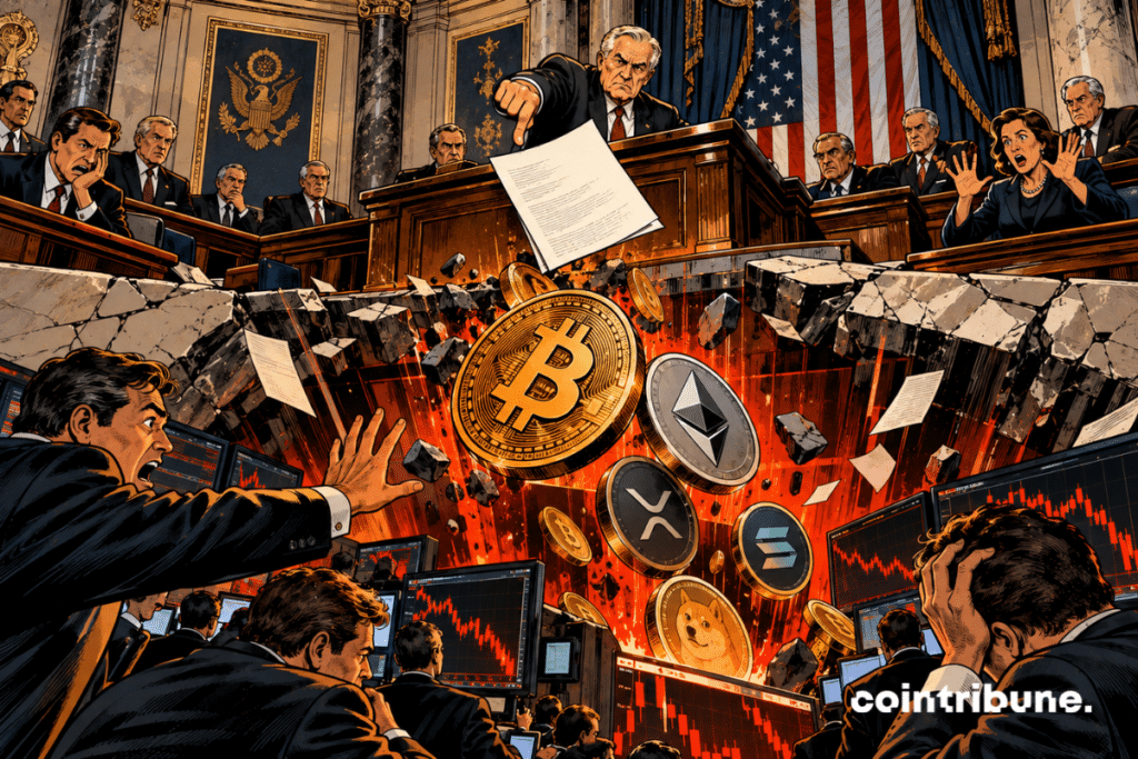 In a spectacular version of the US Senate, a senator has just turned his thumb down in front of a large legislative document with no inscriptions. At that very moment, the desk on which the document rests unwittingly triggers a gigantic mechanism beneath the floorboards: a market trapdoor opens abruptly. Bitcoin, Ethereum, and several crypto tokens, depicted as enormous coins, slide toward this opening while traders attempt to hold them back.