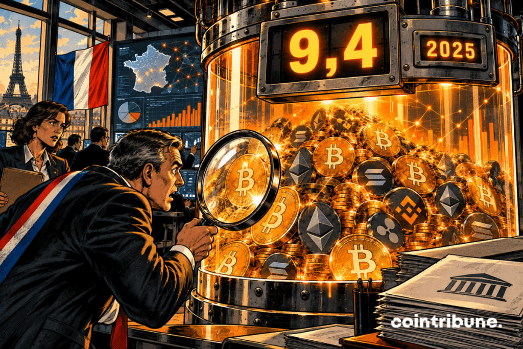 In a large French financial analysis room, an inspector in a suit stands in front of a gigantic transparent tank filled with Bitcoin, Ethereum, and other crypto assets. He holds a magnifying glass in front of the tank with a stunned expression. A huge mechanical counter built into the setup displays only 9.4, while a small secondary dial indicates 2025.
