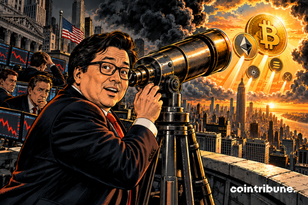 Tom Lee ocupa aproximadamente dos tercios del primer plano, situado en la azotea de un edificio de Wall Street. Observa con entusiasmo a través de un gigantesco telescopio financiero orientado hacia el horizonte. En la lente y a lo lejos, un enorme Bitcoin, Ethereum y varios activos cripto comienzan una ascensión espectacular hacia un cielo naranja brillante. Tom Lee se aparta ligeramente del telescopio, con una sonrisa de sorpresa y confianza, como si acabase de vislumbrar algo que el resto del mercado aún no ve.