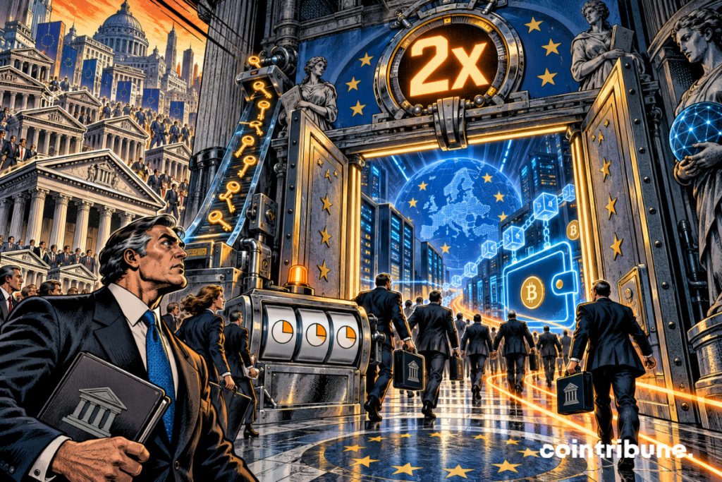Des banques européennes franchissent une porte réglementaire vers l’écosystème crypto sous un indicateur affichant 2x.