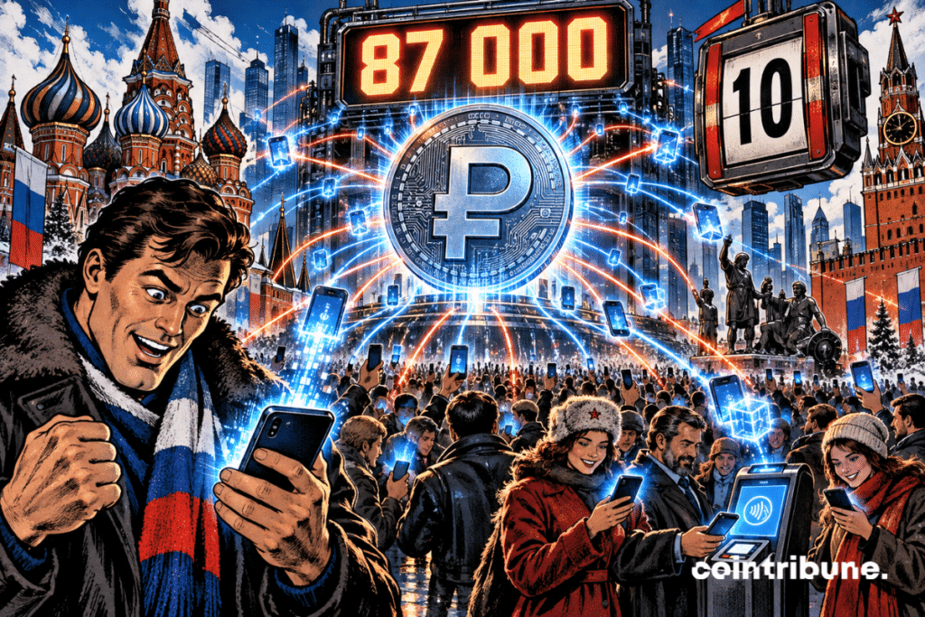A crowd uses the digital ruble within Russia’s crypto ecosystem, alongside the figures 87,000 and 10.