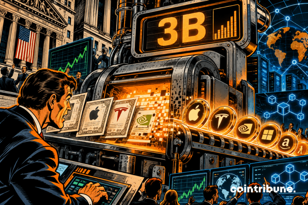 Traditional stocks are transformed into digital tokens around a counter displaying B.