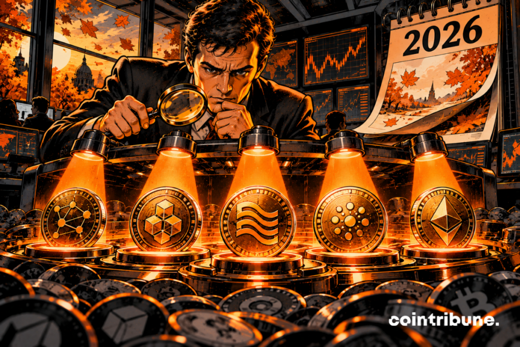 In a dark trading floor, an analyst stands in front of a gigantic circular analysis table. Resting on the table are exactly five metallic crypto coins, arranged in a fan shape. They are intentionally mysterious: different surface textures and abstract blockchain patterns, but no invented identities. The analyst activates a large mechanism, and five orange spotlights turn on simultaneously above the tokens. Behind him, an immense mechanical calendar displays only 2026, while a new textless page has just flipped over. The character leans over the five assets with a magnifying glass, looking extremely focused.