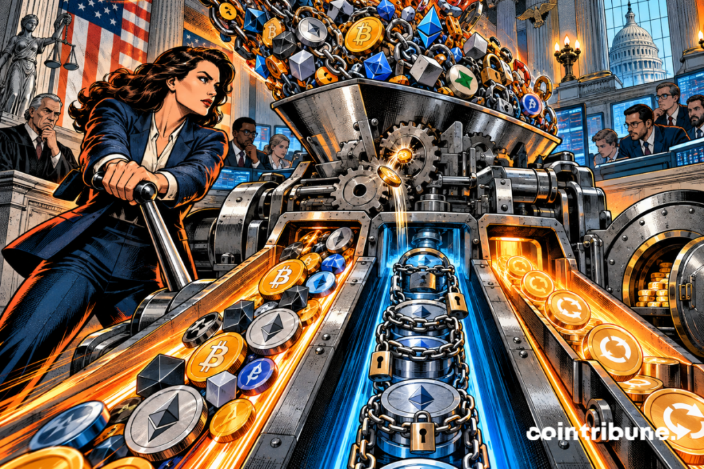 A regulatory framework sorts tokens, staking and buybacks in a crypto market under institutional oversight.
