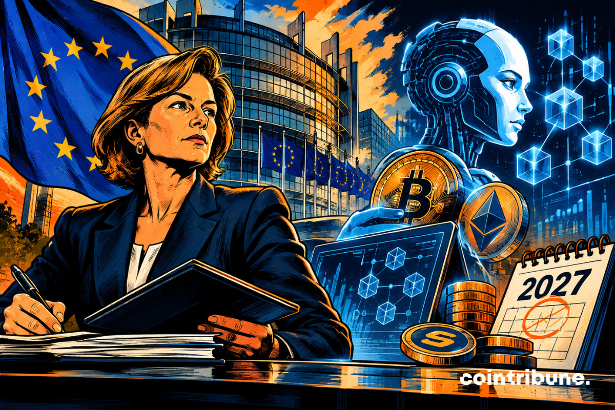 Régulatrice européenne, drapeaux de l’Union européenne, bâtiment institutionnel, robot humanoïde, Bitcoin, Ethereum, cubes connectés, écran numérique, pièces, calendrier 2027, bureau.