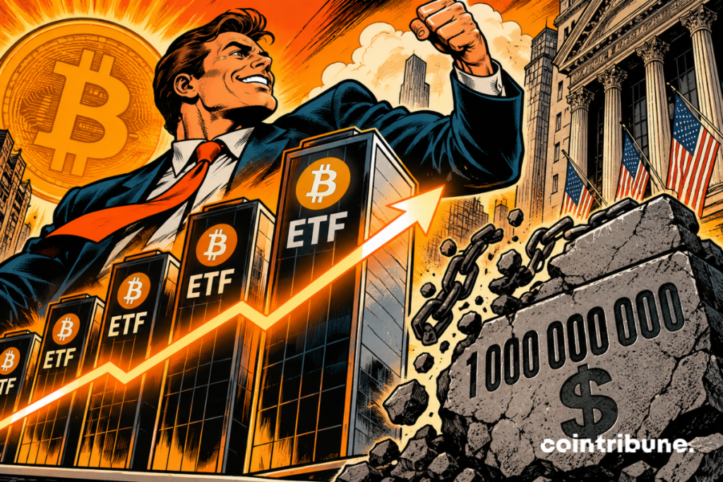 Illustration de plusieurs ETF Bitcoin en forte progression, avec une flèche haussière et un déficit de 1 milliard de dollars représenté par une barrière financière.