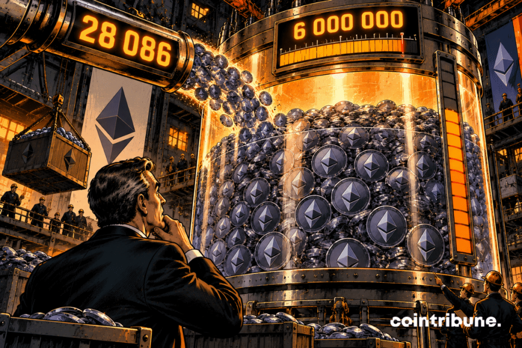 Dans une immense infrastructure financière industrielle, un réservoir transparent monumental est presque entièrement rempli de pièces portant le symbole Ethereum. Une énorme conduite déverse une nouvelle avalanche d’ETH dans le réservoir. Sur cette conduite apparaît uniquement 28086. Tout en haut, une gigantesque jauge mécanique affiche 6000000, mais son aiguille reste légèrement en dessous de la limite. Au premier plan, un dirigeant en costume regarde le niveau monter avec une expression mêlant satisfaction et stupéfaction.