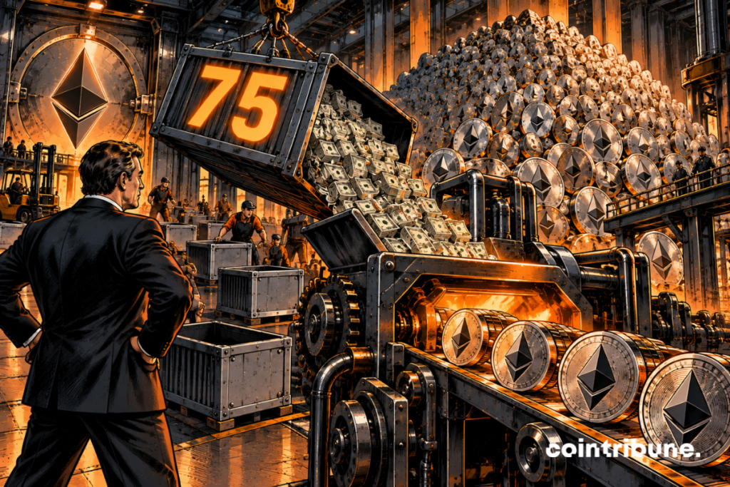 In a huge industrial vault, a spectacular mountain of Ethereum coins occupies the background, rising almost to the ceiling. In the foreground, an institutional manager in a suit supervises the arrival of an enormous container filled with capital, transported by a crane. On its mechanical plate, only 75 appears. The container is being tipped into a gigantic acquisition machine. At the other end, new Ethereum coins exit on a conveyor belt and join the existing mountain.