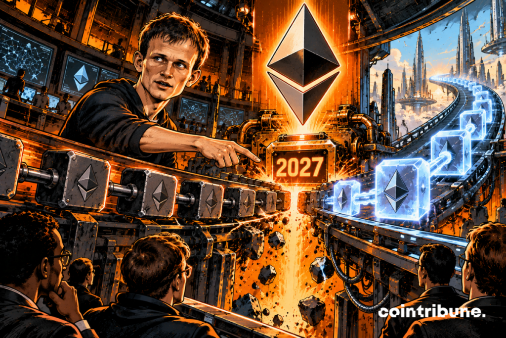 Vitalik Buterin occupe le premier plan dans une gigantesque salle mécanique représentant Ethereum. Devant lui passe une énorme chaîne blockchain, composée de blocs métalliques reliés entre eux. Elle avance normalement depuis la gauche jusqu’à un mécanisme central. Vitalik pointe du doigt une pièce orange lumineuse située exactement au niveau 2027. À cet endroit, la chaîne se sépare spectaculairement en deux architectures : l’ancienne voie continue quelques mètres puis s’arrête, tandis qu’une nouvelle voie Ethereum beaucoup plus futuriste s’élève vers la droite. Une immense pièce Ethereum flotte au-dessus du point de séparation.