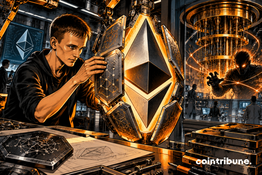 En un immenso taller tecnológico, Vitalik Buterin trabaja directamente en un gigantesco núcleo de Ethereum suspendido ante él. Con una expresión extremadamente concentrada, fija alrededor del símbolo de Ethereum varias placas de blindaje criptográfico con patrones geométricos complejos, como si estuviera modernizando una armadura.