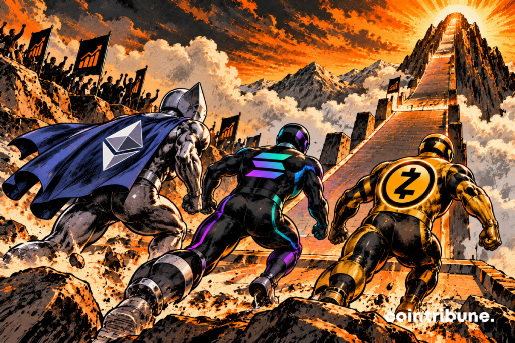 Trois personnages héroïques inspirés d’Ethereum, Solana et Zcash courent côte à côte sur une immense piste financière ascendante. Ethereum est représenté par un combattant métallique portant le symbole ETH comme bouclier, Solana par un coureur futuriste aux reflets violets et verts, et Zcash par un personnage doré associé à son symbole circulaire. Ils viennent de franchir une première pente spectaculaire et arrivent à toute vitesse sur une plateforme. Mais devant eux surgit soudain une nouvelle rampe beaucoup plus haute et plus raide, disparaissant dans les nuages. Les trois personnages regardent simultanément vers le sommet : déterminés, mais conscients de la difficulté.