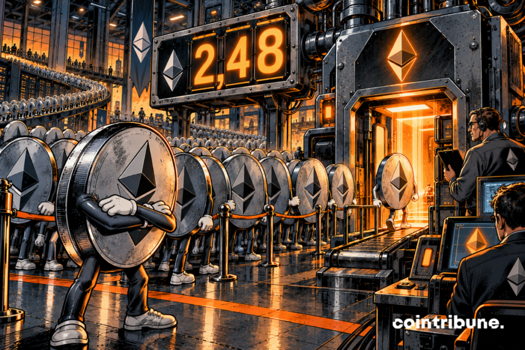 Une gigantesque infrastructure mécanique de validation occupe la droite de l’image. Elle ressemble à un immense portique industriel composé d’engrenages, chaînes et chambres lumineuses. Devant son entrée s’étend une file interminable de pièces Ethereum, serrées les unes derrière les autres comme dans un gigantesque embouteillage. La file serpente jusqu’à l’horizon et occupe environ les deux tiers de l’image. Au-dessus de la file, un grand compteur mécanique affiche uniquement 2,48. Au premier plan, une pièce Ethereum personnifiée regarde impatiemment vers l’entrée, bras croisés, tandis qu’un opérateur institutionnel surveille le mécanisme avec une expression dépassée par l’afflux.