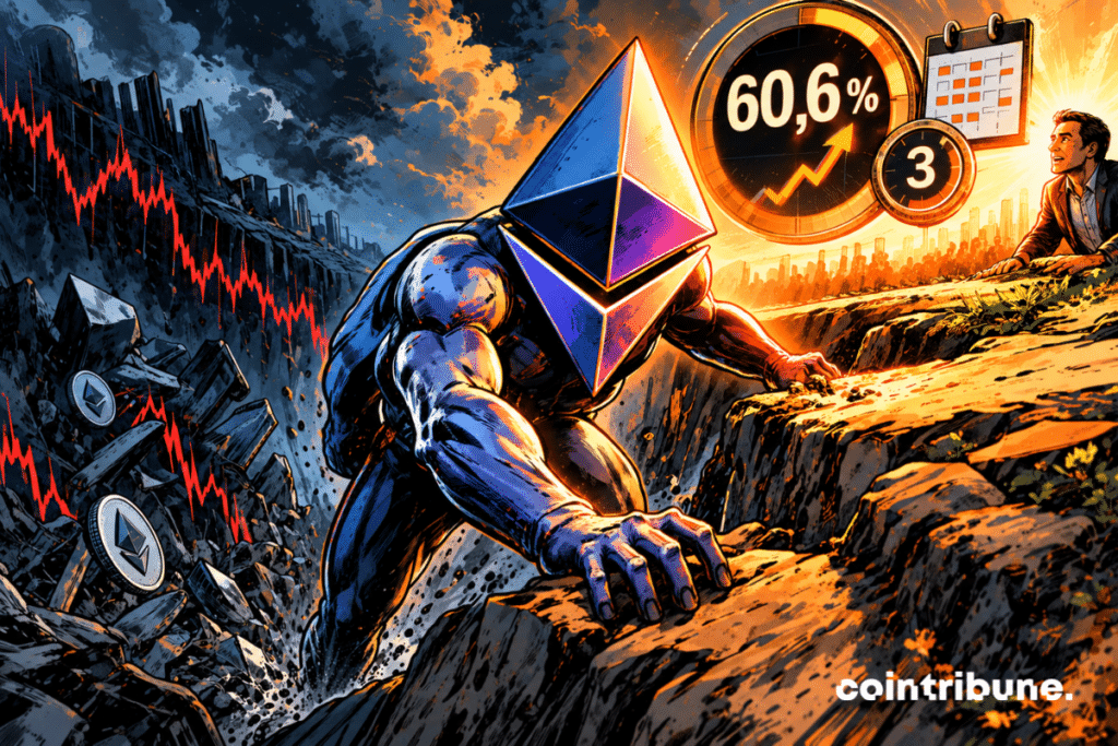 A gigantic Ethereum personified forcefully climbs the wall of a deep financial canyon. Behind it, at the bottom of the chasm, lie debris and a downward trajectory symbolizing previous losses. Ethereum has just reached the ledge corresponding to its former level, firmly planting its hand on the edge to pull itself all the way up. Above it, a huge glowing mechanical dial displays 60.6%. Nearby, a second, much smaller dial displays only 3. An investor at the top watches Ethereum return with an expression of astonishment and relief.