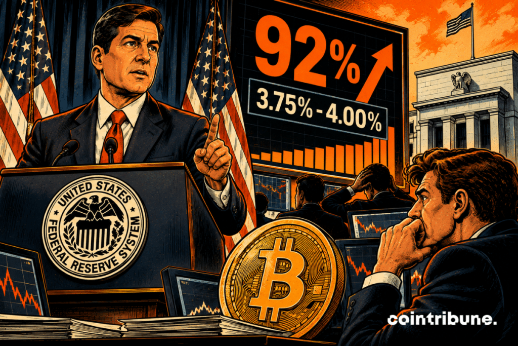 Kevin Warsh s’exprime devant la Fed, entouré de drapeaux américains, traders anxieux, graphiques, Bitcoin géant et indicateurs affichant 92 %.